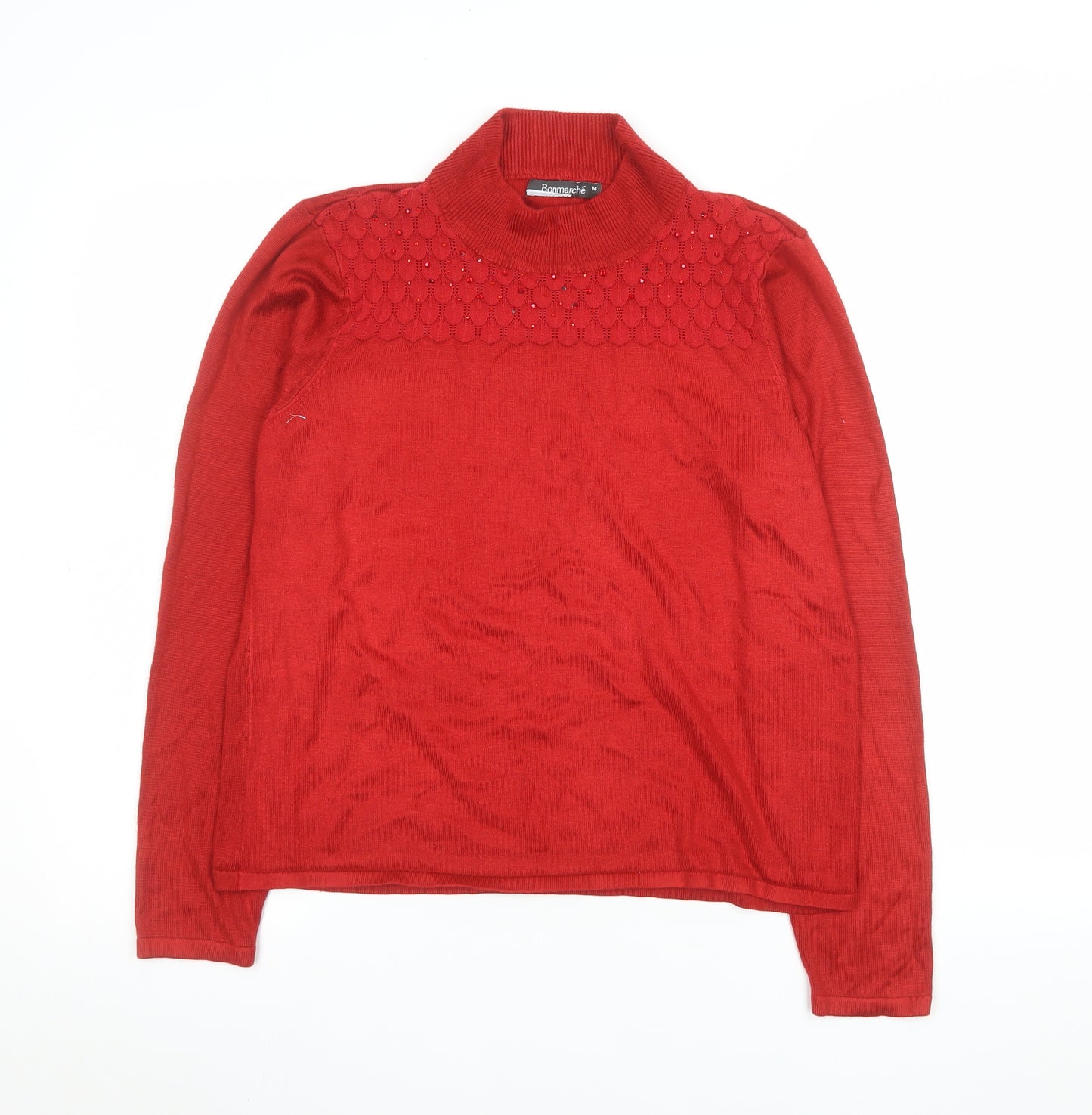 Bonmarché Womens Red Roll Neck Beaded Knit Jumper Size M