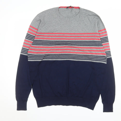 Jaeger Women Grey Blue Striped Cotton Crew Neck Jumper L