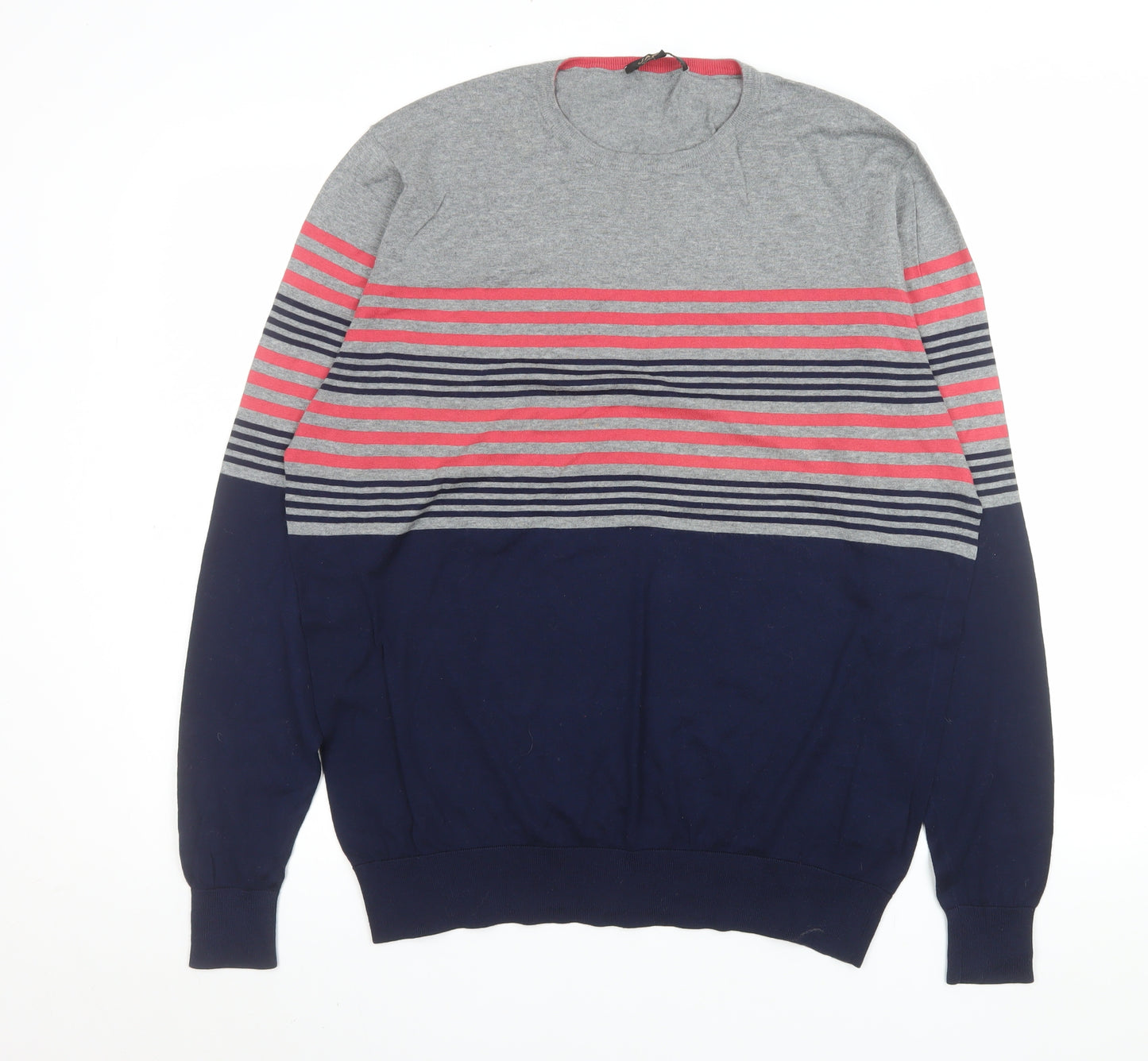 Jaeger Women Grey Blue Striped Cotton Crew Neck Jumper L