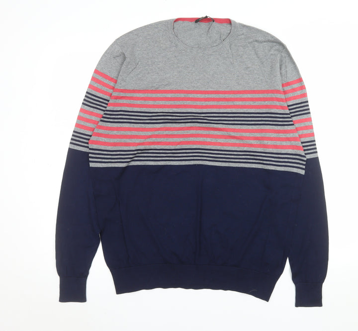 Jaeger Women Grey Blue Striped Cotton Crew Neck Jumper L
