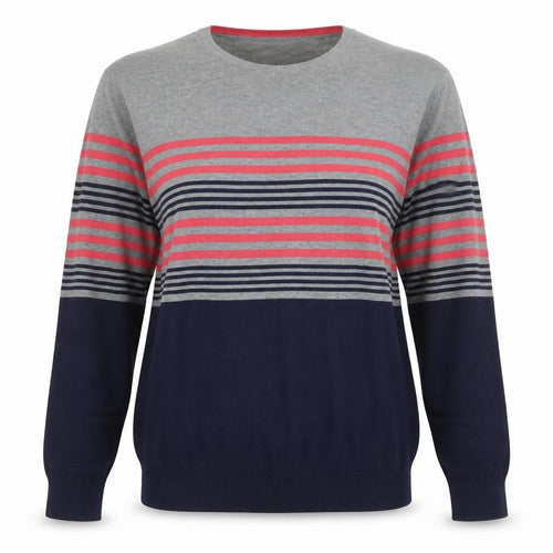 Jaeger Women Grey Blue Striped Cotton Crew Neck Jumper L