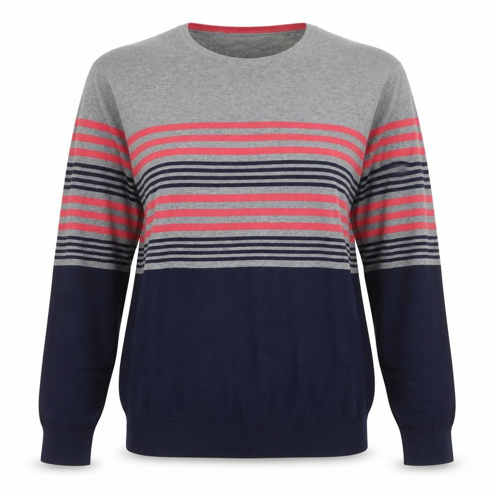Jaeger Women Grey Blue Striped Cotton Crew Neck Jumper L