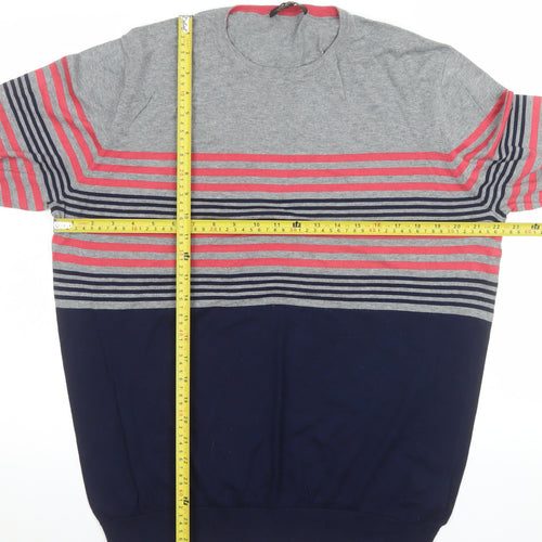 Jaeger Women Grey Blue Striped Cotton Crew Neck Jumper L