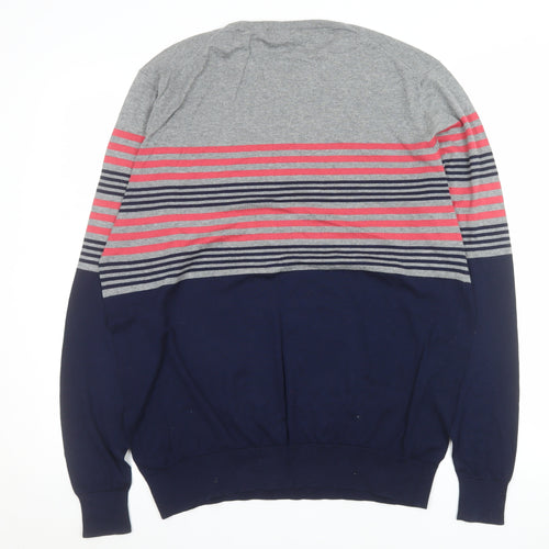 Jaeger Women Grey Blue Striped Cotton Crew Neck Jumper L