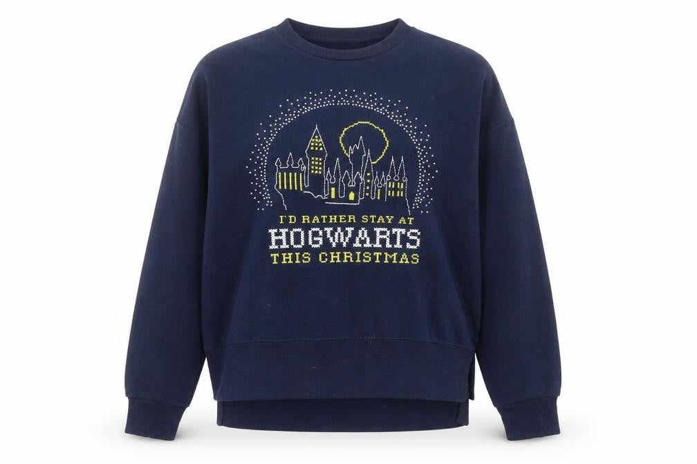 Front view of Primark women’s navy hogwarts christmas sweatshirt, size UK 10/12, s