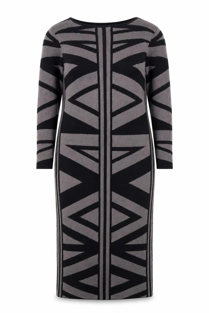 Gharani Strok Women’s Grey Bodycon Knit Dress Size 10 Geometric 3/4 Sleeve
