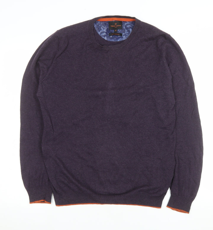 Simon Carter Men's Purple Cotton Cashmere Crew Neck Jumper Size M