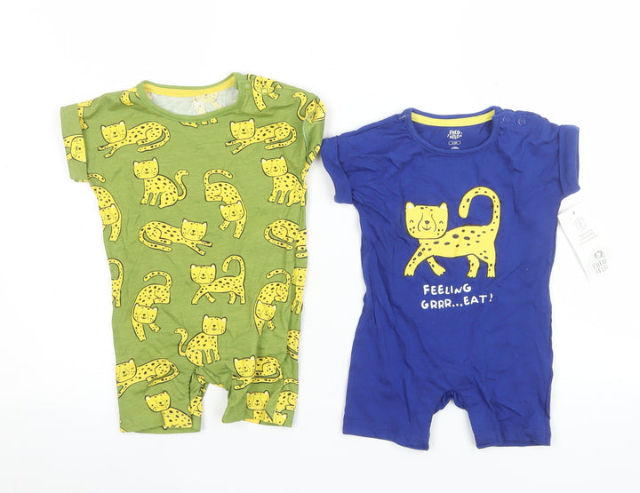 Fred & Flo Unisex Baby Blue & Green Animal Print Romper Set 3-6 Months Cotton