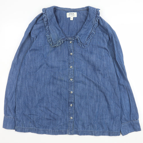 Miss Selfridge Women Blue Denim Frill Collar Long Sleeve Button-Up Shirt UK 12