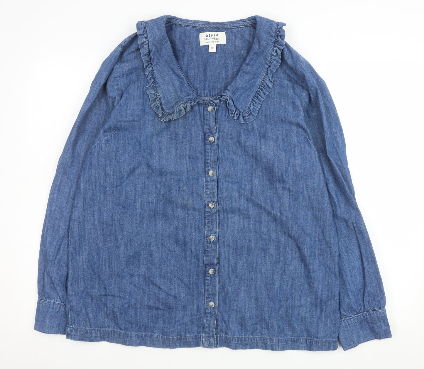 Miss Selfridge Women Blue Denim Frill Collar Long Sleeve Button-Up Shirt UK 12