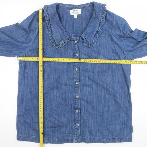 Miss Selfridge Women Blue Denim Frill Collar Long Sleeve Button-Up Shirt UK 12