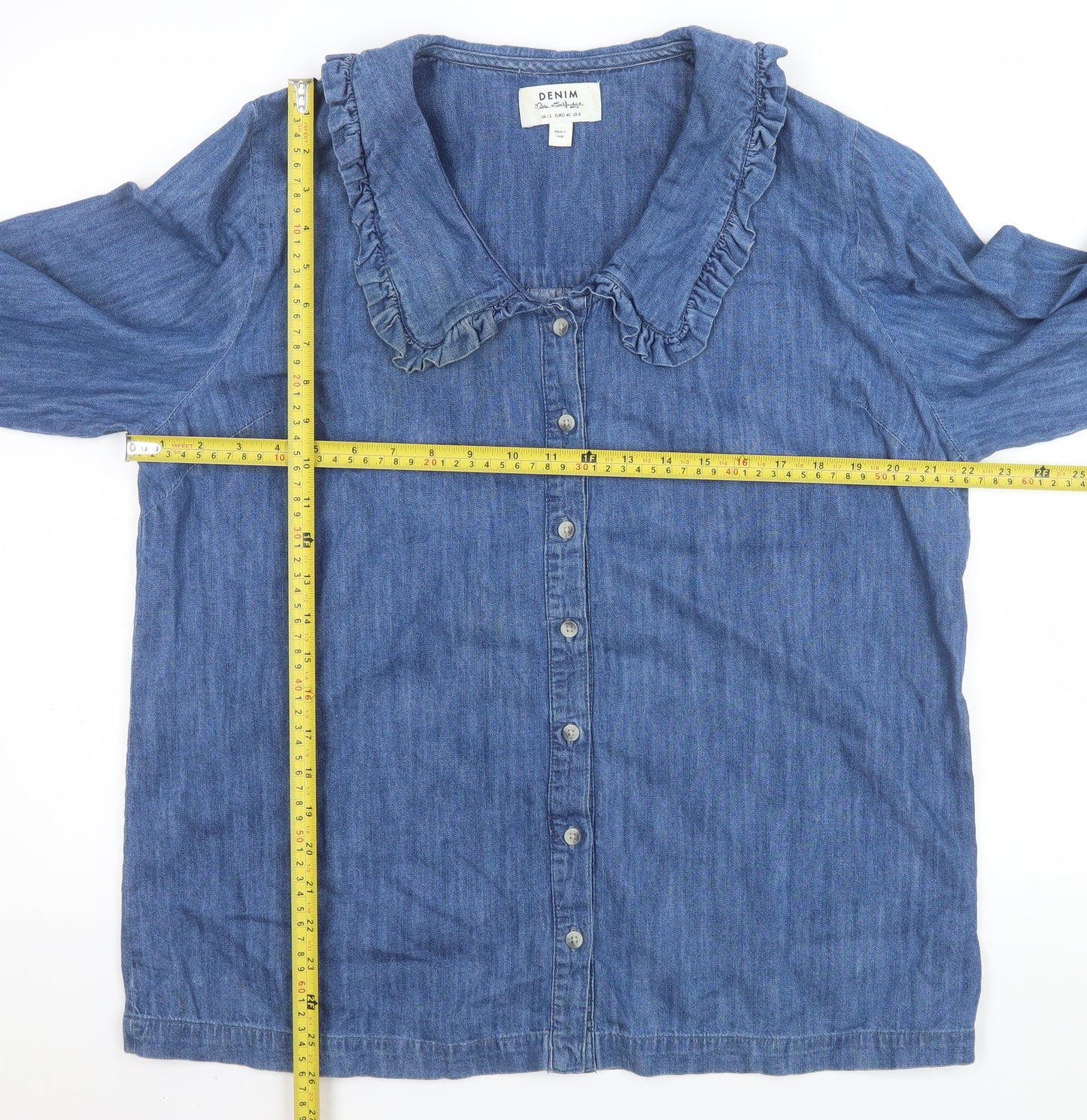 Miss Selfridge Women Blue Denim Frill Collar Long Sleeve Button-Up Shirt UK 12