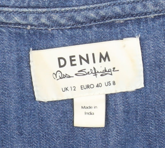Miss Selfridge Women Blue Denim Frill Collar Long Sleeve Button-Up Shirt UK 12