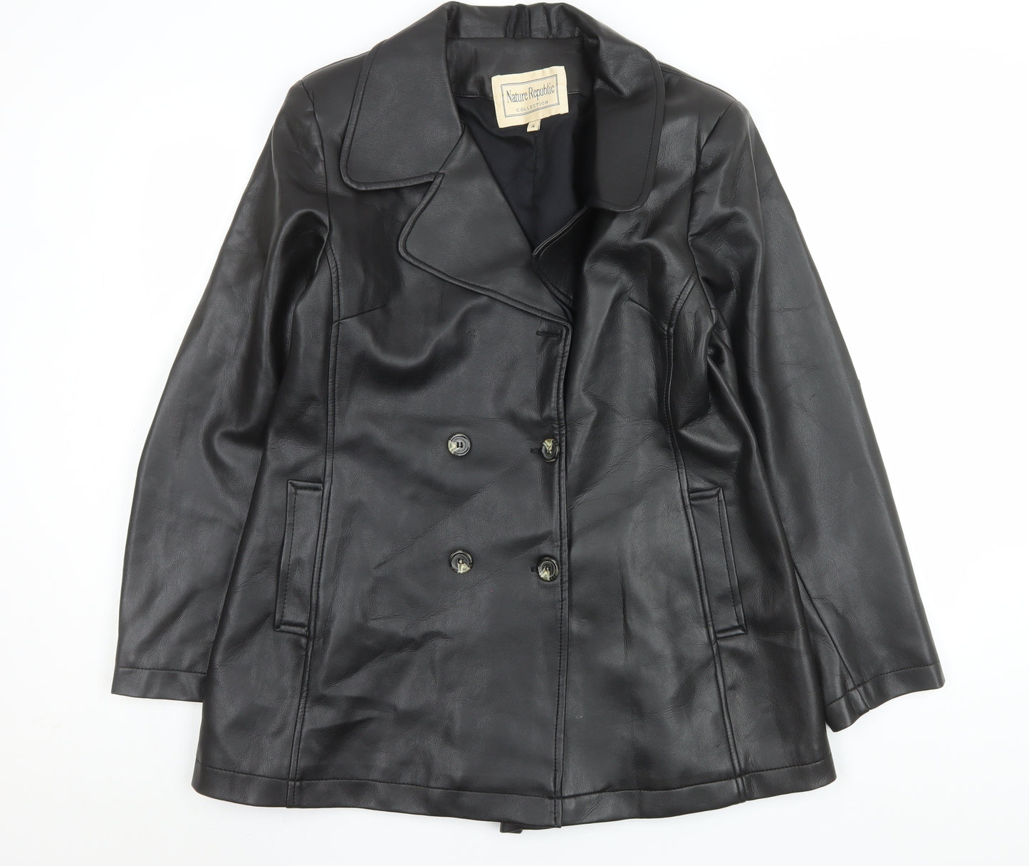 Nature Republic Women's Black Faux Leather Pea Coat Size 14