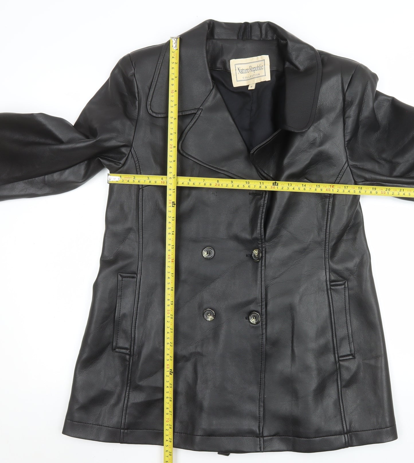 Nature Republic Women's Black Faux Leather Pea Coat Size 14