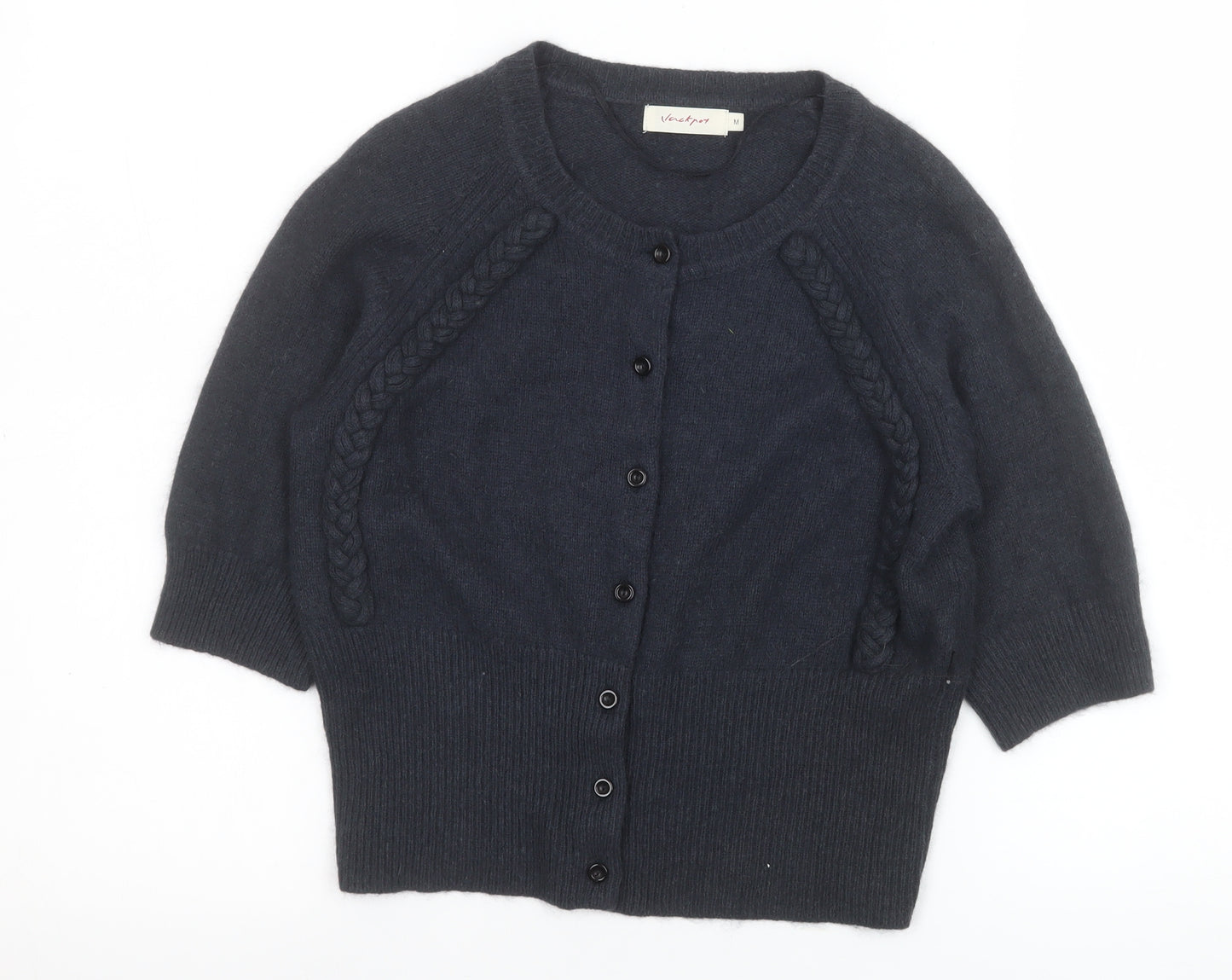 Jackpot Womens Black Angora Blend Crew Neck 3/4 Sleeve Cardigan M