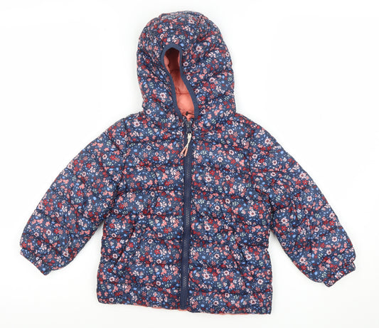Marks and Spencer Girls Blue Floral Hooded Puffer Jacket 2-3 Years