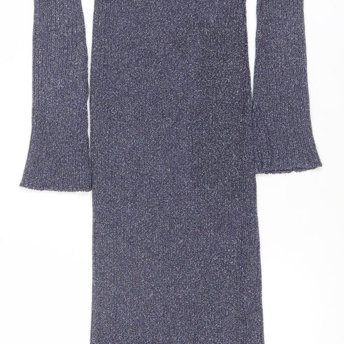 Bershka Women’s Blue Metallic Knit Long Sleeve Bodycon Midi Dress Size S
