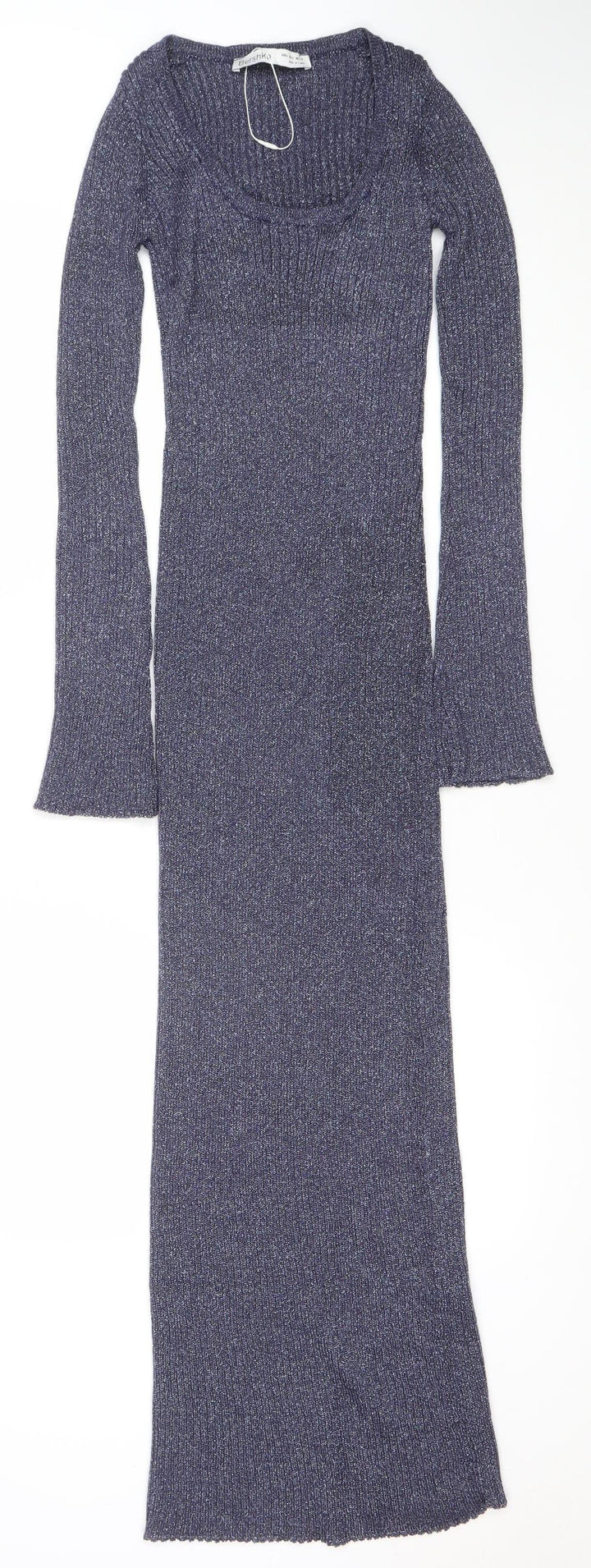 Bershka Women’s Blue Metallic Knit Long Sleeve Bodycon Midi Dress Size S