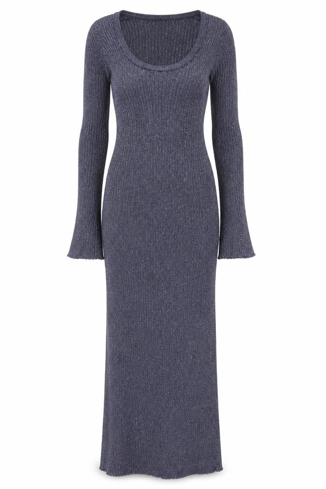 Bershka Women’s Blue Metallic Knit Long Sleeve Bodycon Midi Dress Size S
