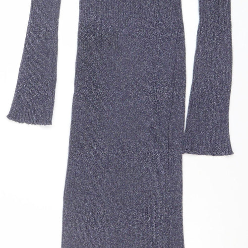 Bershka Women’s Blue Metallic Knit Long Sleeve Bodycon Midi Dress Size S