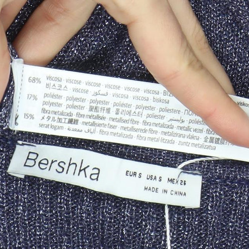 Bershka Women’s Blue Metallic Knit Long Sleeve Bodycon Midi Dress Size S