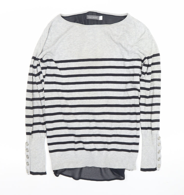Mint Velvet Women Grey Striped Boat Neck Long Sleeve Pullover Jumper Size 10
