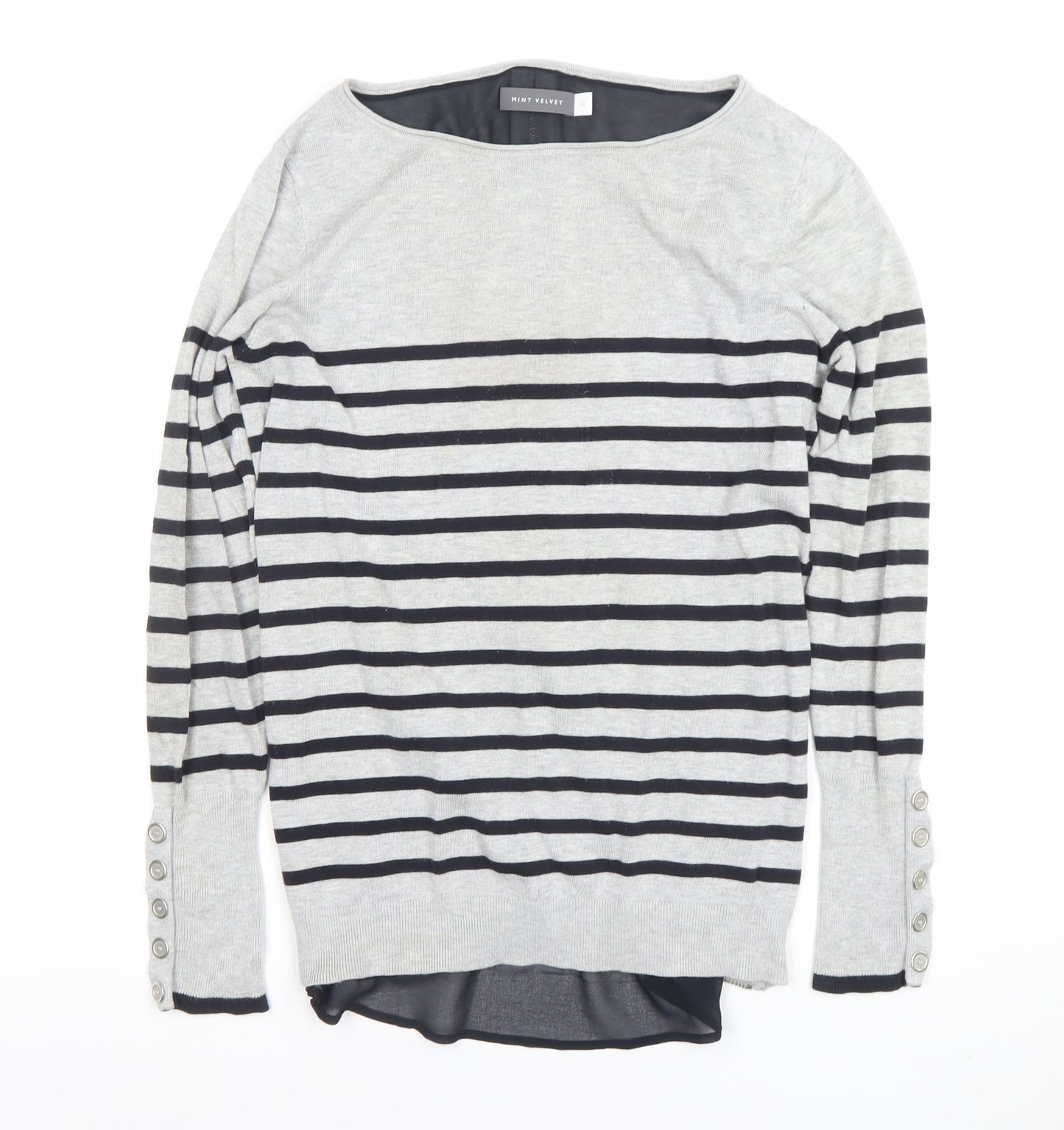Mint Velvet Women Grey Striped Boat Neck Long Sleeve Pullover Jumper Size 10