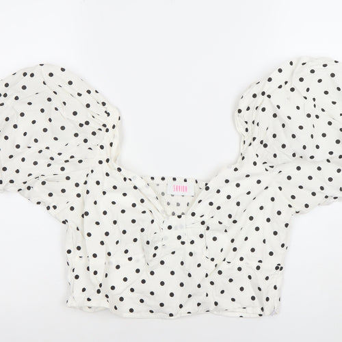 Savida Women White Polka Dot Cropped Puff Sleeve Blouse Size 14