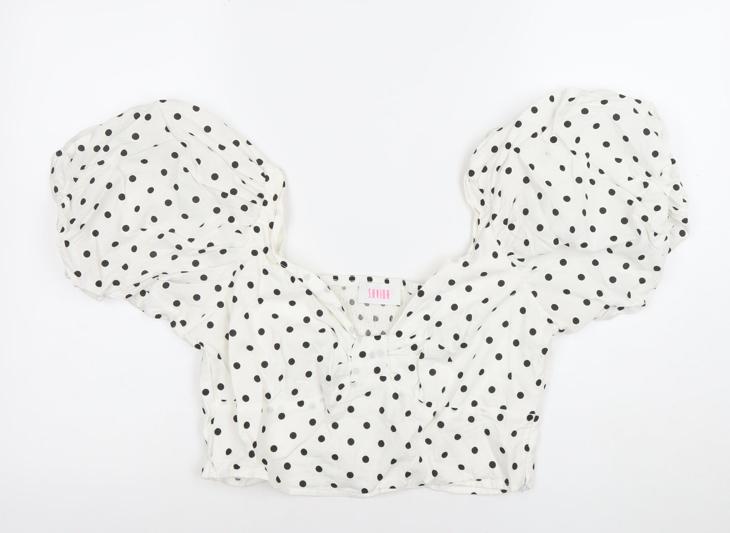 Savida Women White Polka Dot Cropped Puff Sleeve Blouse Size 14
