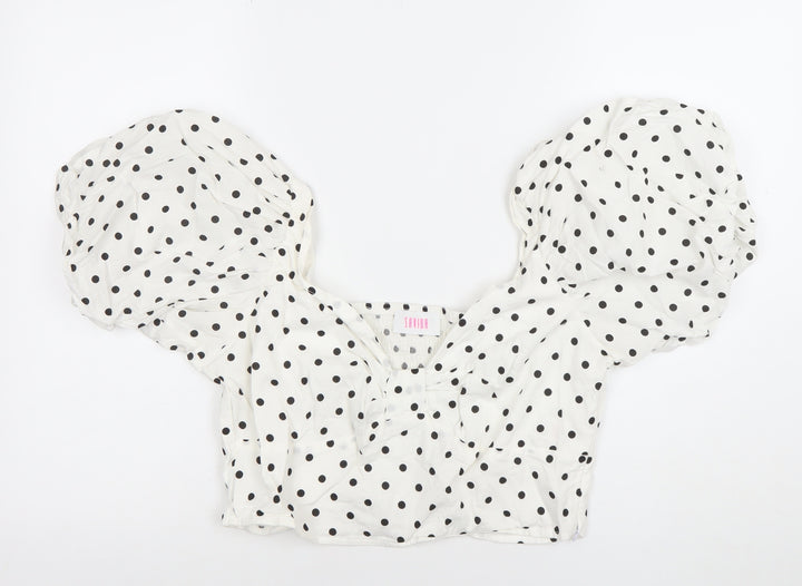 Savida Women White Polka Dot Cropped Puff Sleeve Blouse Size 14