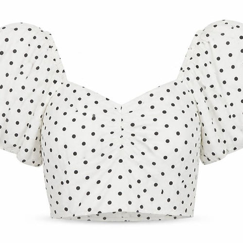 Savida Women White Polka Dot Cropped Puff Sleeve Blouse Size 14