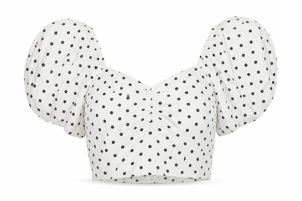 Savida Women White Polka Dot Cropped Puff Sleeve Blouse Size 14