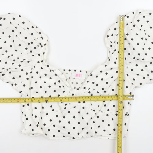 Savida Women White Polka Dot Cropped Puff Sleeve Blouse Size 14