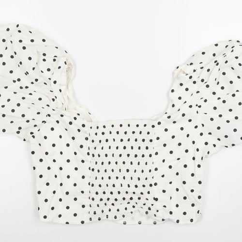 Savida Women White Polka Dot Cropped Puff Sleeve Blouse Size 14