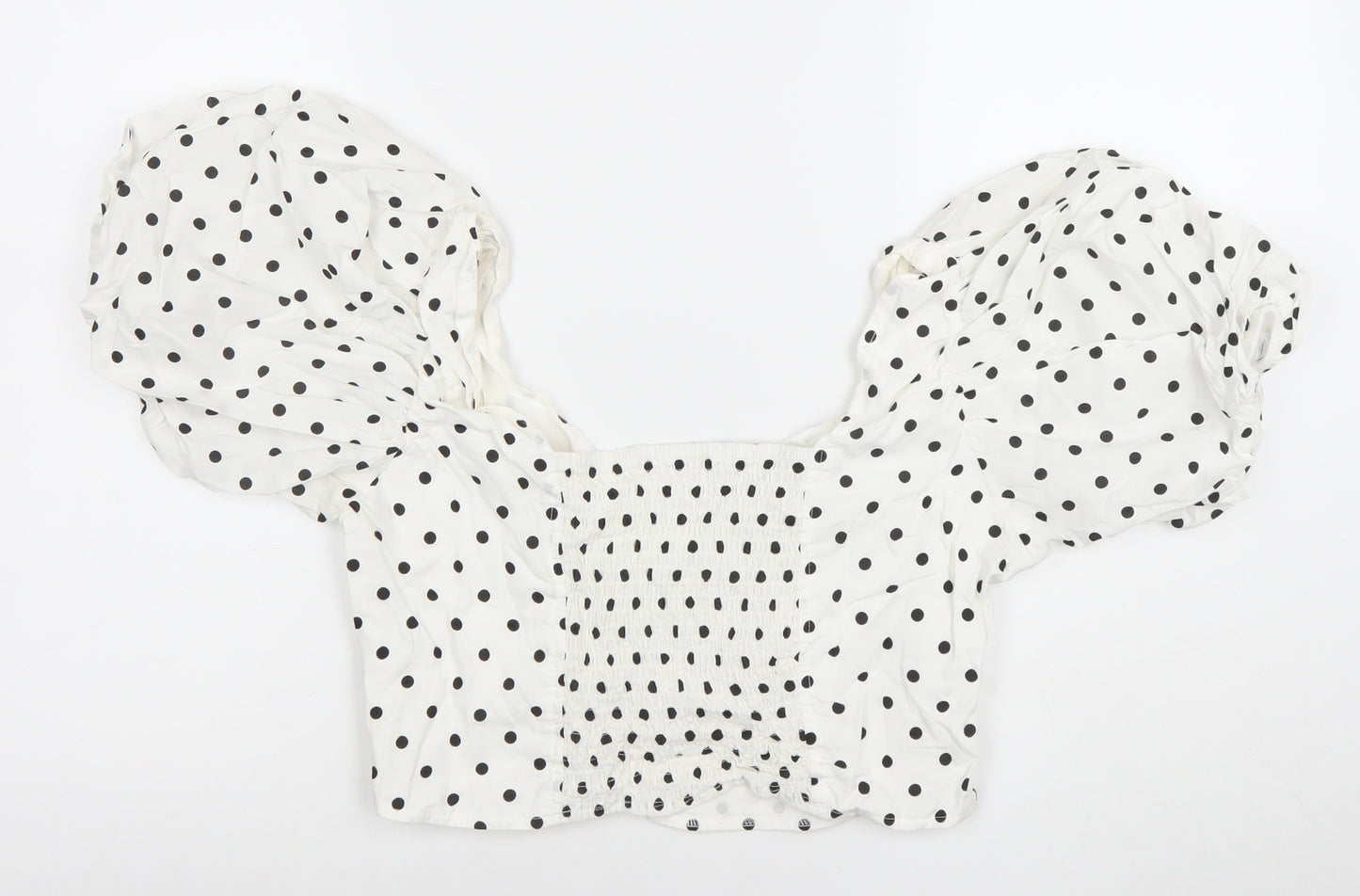 Savida Women White Polka Dot Cropped Puff Sleeve Blouse Size 14