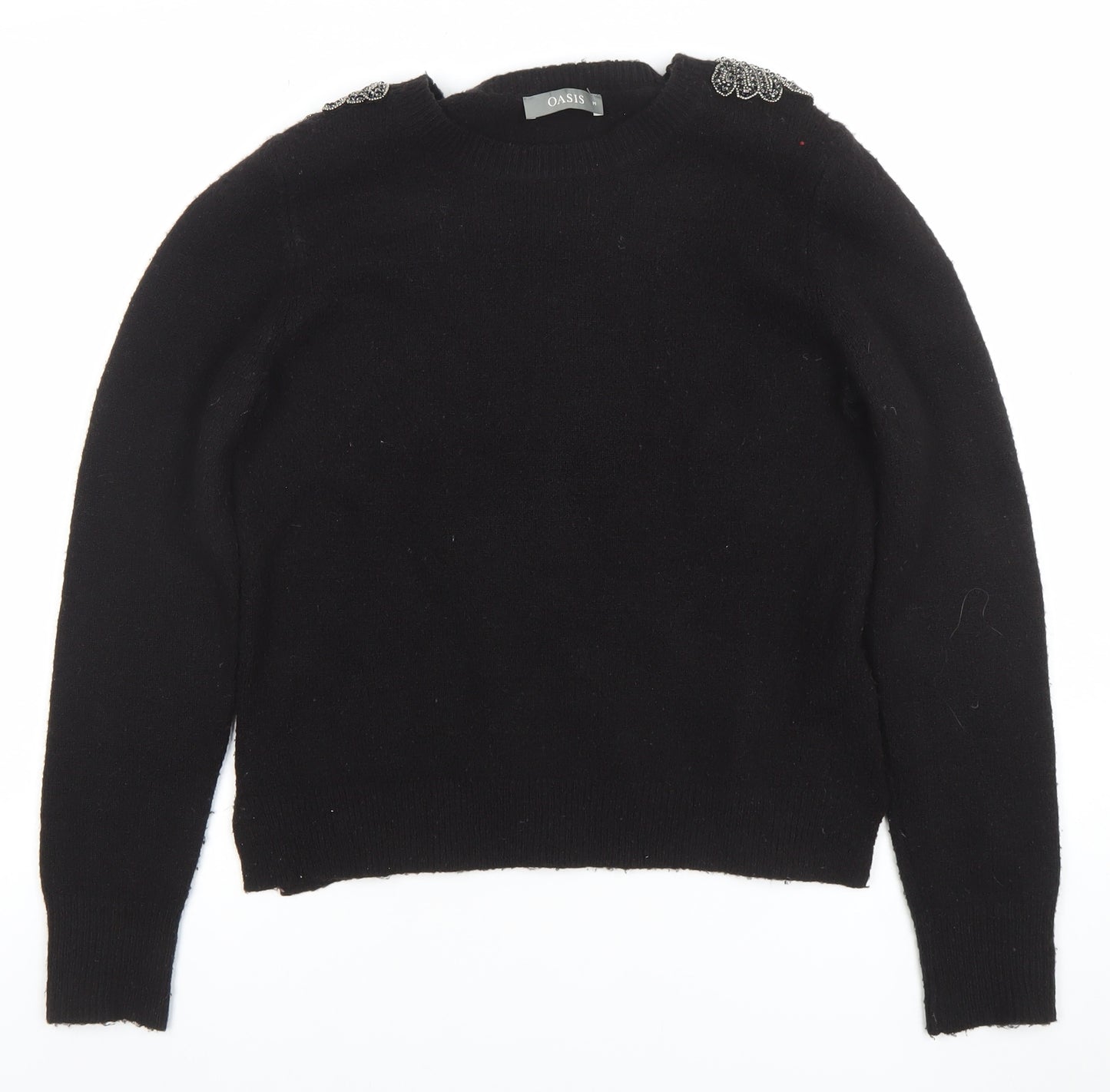 Oasis Women's Black Beaded Shoulder Wool Blend Jumper Size M