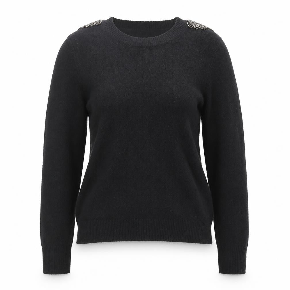 Front view of Oasis Women's Black Beaded Shoulder Wool Blend Jumper, size M