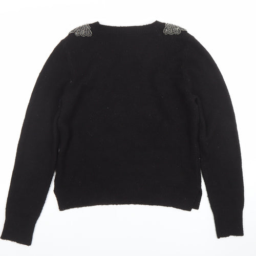 Oasis Women's Black Beaded Shoulder Wool Blend Jumper Size M
