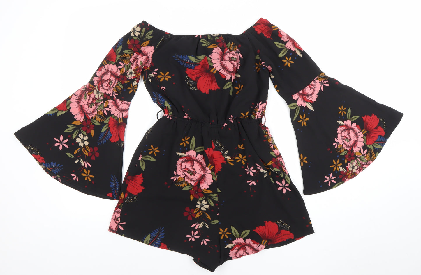 Parisian Women's Black Floral Off Shoulder Flared Sleeve Playsuit Size 10