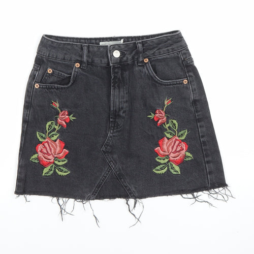 Topshop Women’s Black Embroidered Denim Mini Skirt UK 8