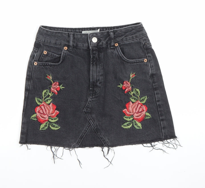 Topshop Women’s Black Embroidered Denim Mini Skirt UK 8
