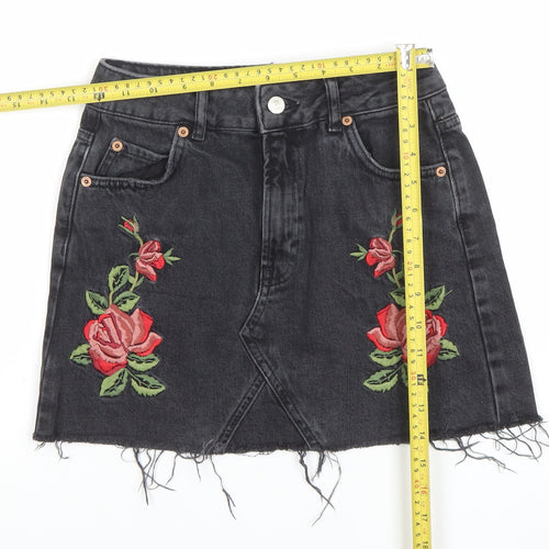 Topshop Women’s Black Embroidered Denim Mini Skirt UK 8
