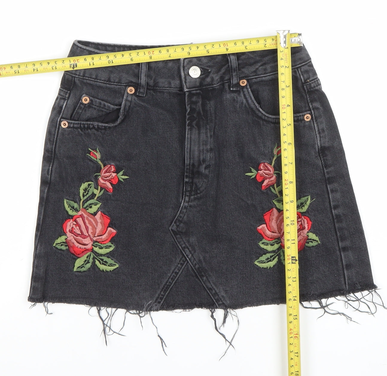 Topshop Women’s Black Embroidered Denim Mini Skirt UK 8