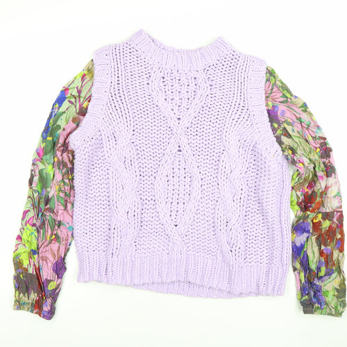 Next Women Purple Chunky-Knit Floral Sleeve Jumper M