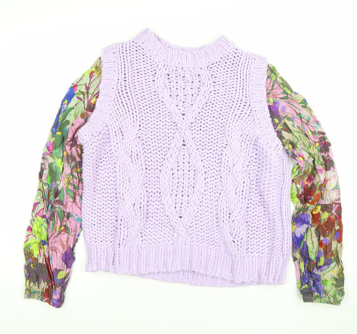 Next Women Purple Chunky-Knit Floral Sleeve Jumper M