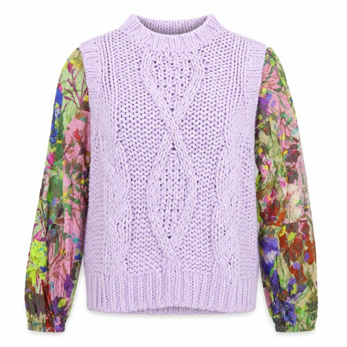 Next Women Purple Chunky-Knit Floral Sleeve Jumper M