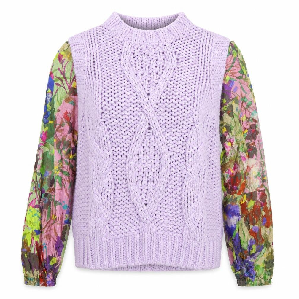 Next Women Purple Chunky-Knit Floral Sleeve Jumper M