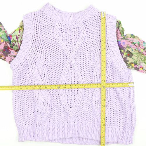 Next Women Purple Chunky-Knit Floral Sleeve Jumper M