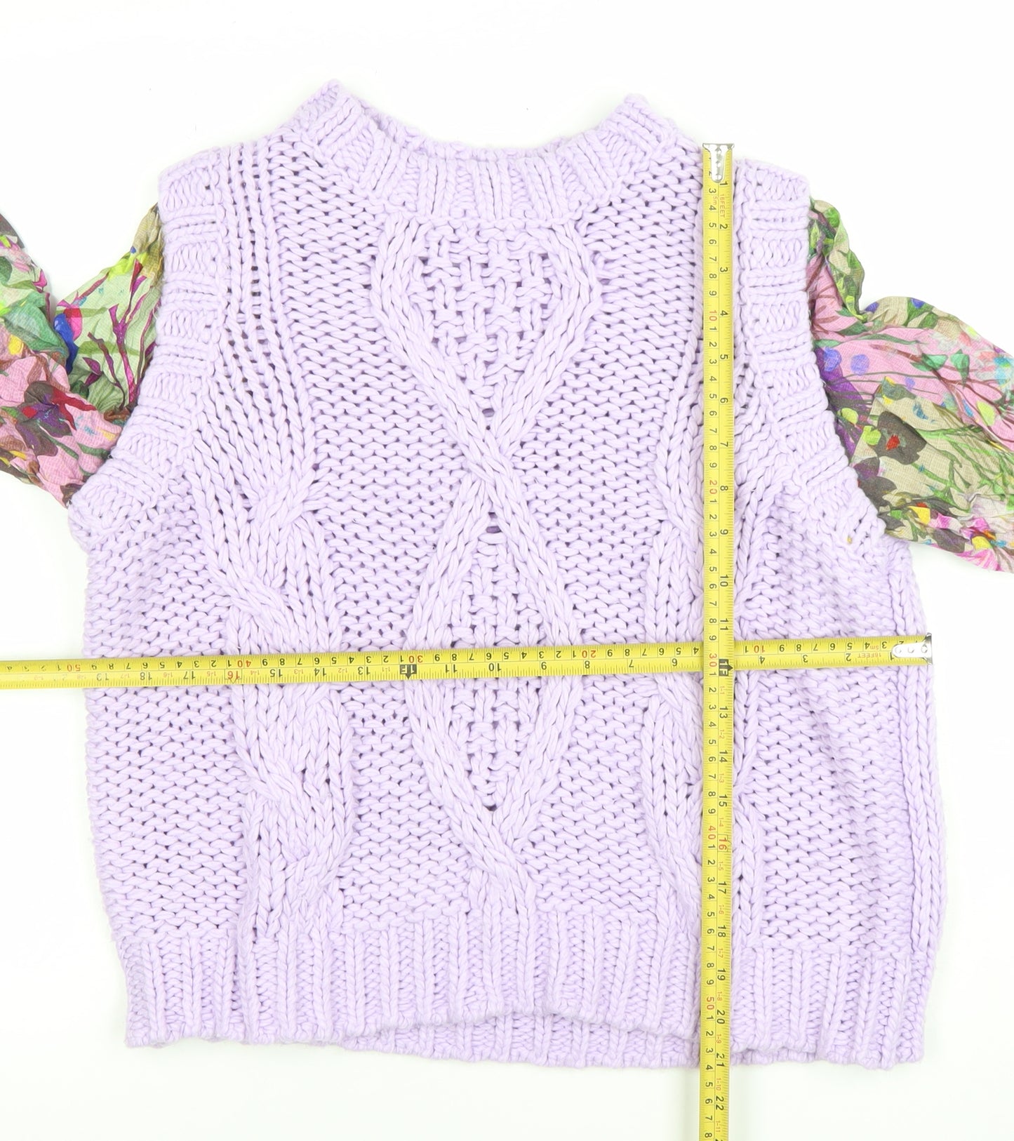 Next Women Purple Chunky-Knit Floral Sleeve Jumper M